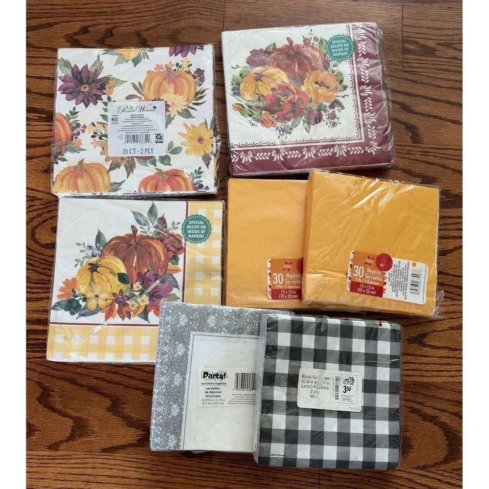 Pioneer Woman Fall Thanksgiving Napkins Lot of 7 Pumpkin Buffalo Plaid Harvest